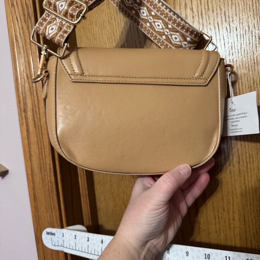 Tan Crossbody Bag with Patterned Strap - Picture 2 of 10